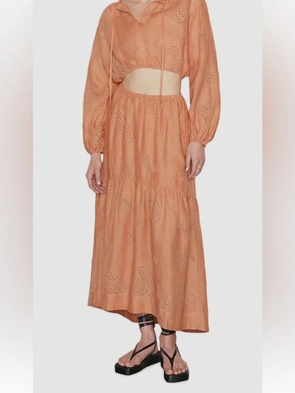 Frame Eyelet Tiered Midi Skirt Size XS Orange